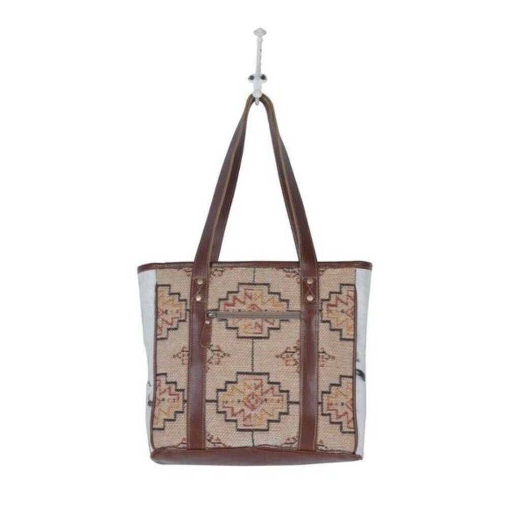 Myra Bag Handmade Sculptural Tote Bag Upcycled Canvas & Cowhide Leather - Picture 3 of 7